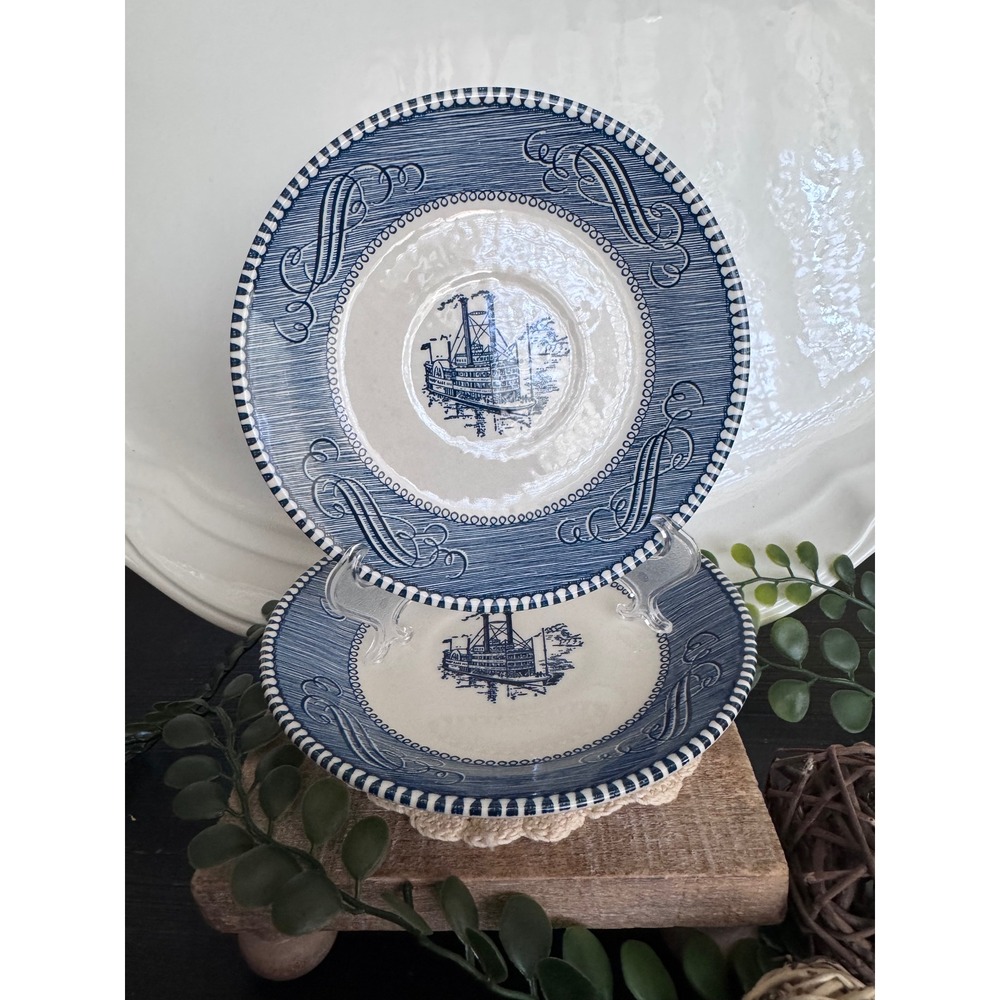 Vintage Blue White Transferware Steamboat Riverboat Saucers Set of 2 Nautical 6"